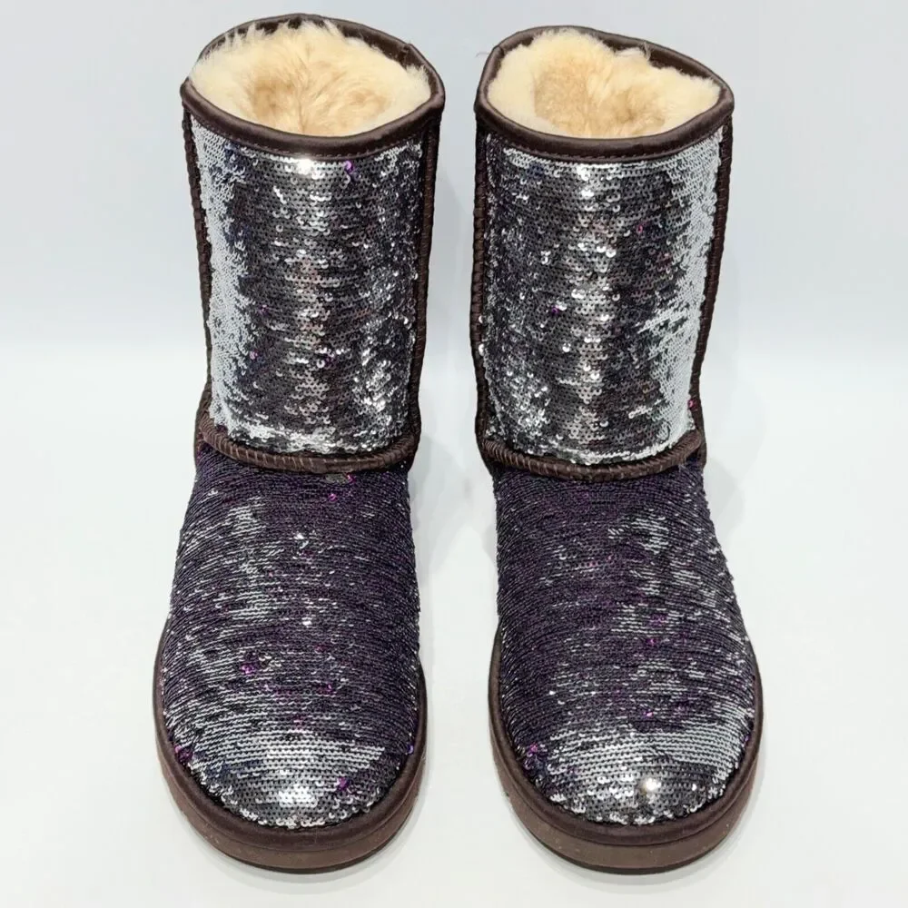 Ugg Australia Sequin Silver Purple Sparkle Winter Boot Women Size 7 Minimal Wear